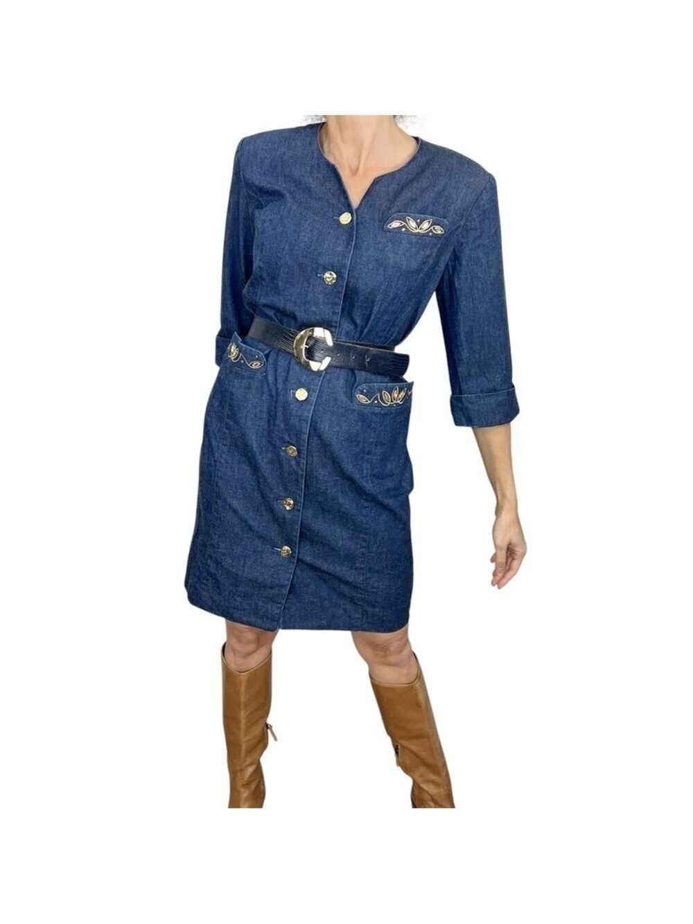 Vintage 80s 90s dark denim padded shoulder beaded embroidered shirt dress 8